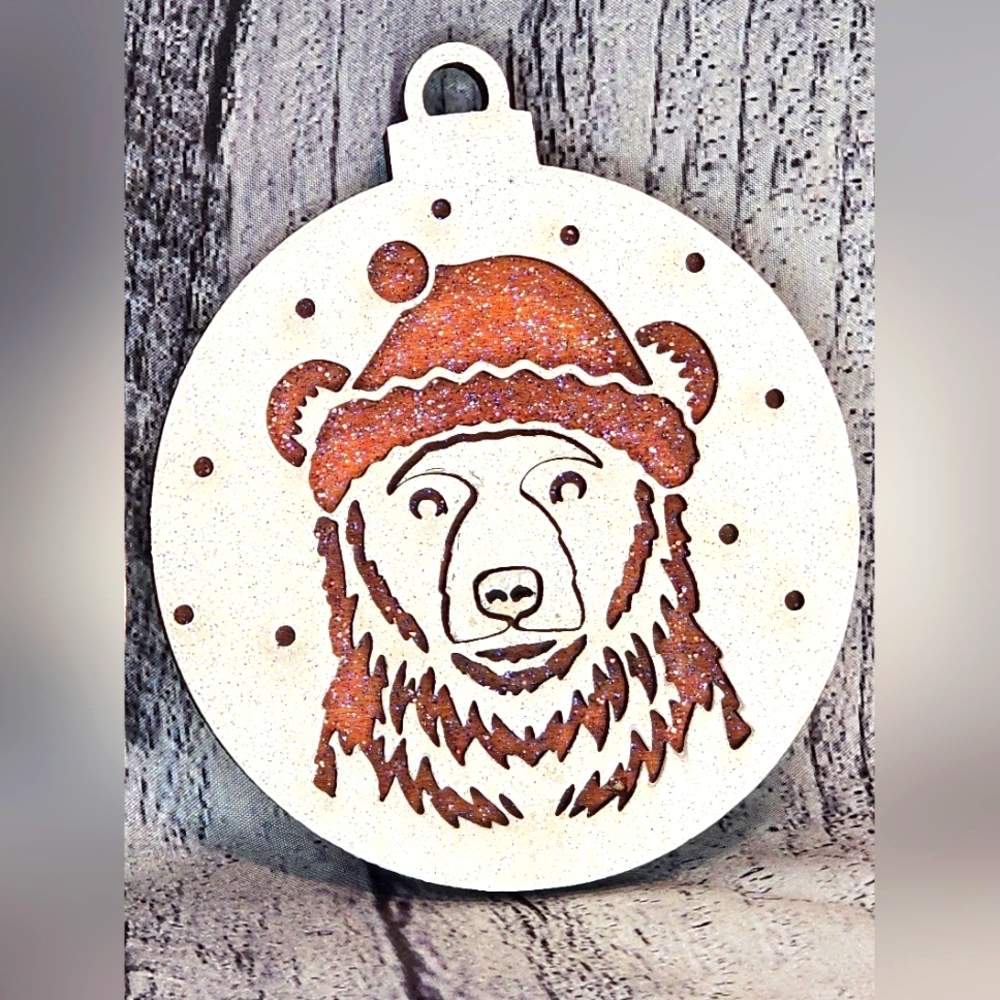 Custom wood holiday ornaments, white & orange colors, 3 1/2" wide × 4" tall